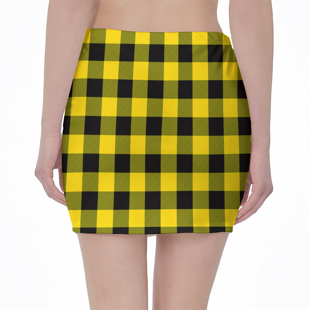 Yellow And Black Buffalo Check Print Pencil Mini Skirt