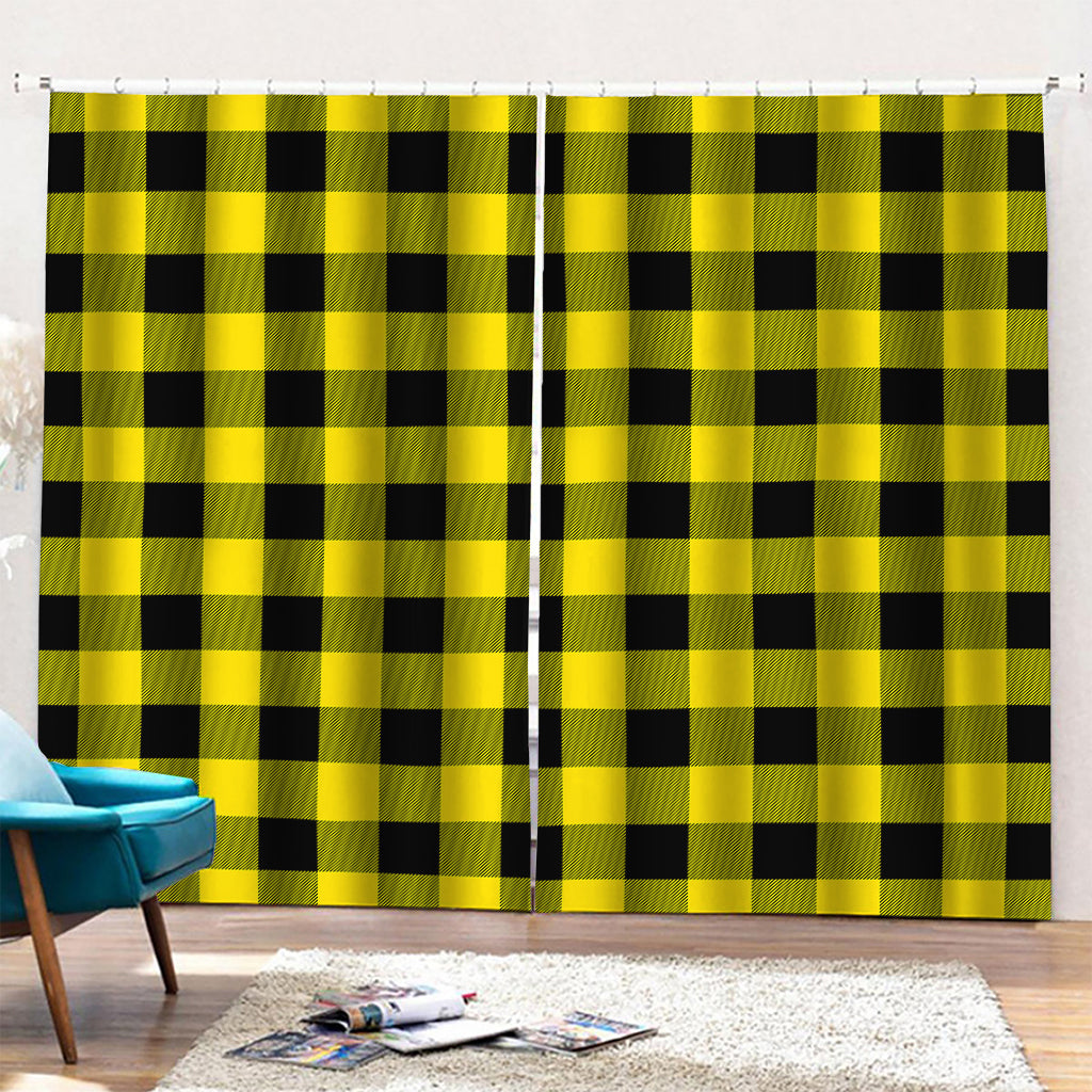 Yellow And Black Buffalo Check Print Pencil Pleat Curtains