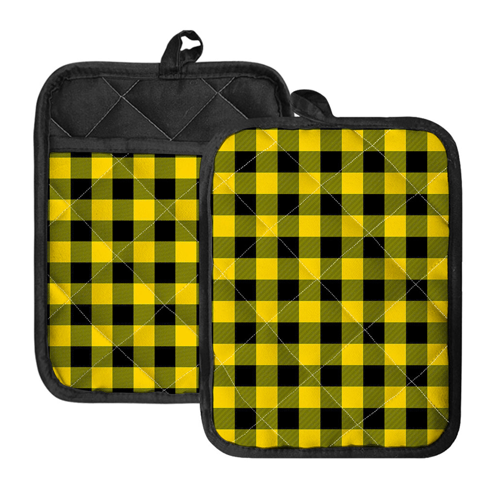 Yellow And Black Buffalo Check Print Pot Holders With Pocket