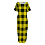 Yellow And Black Buffalo Check Print Short Sleeve Long Nightdress