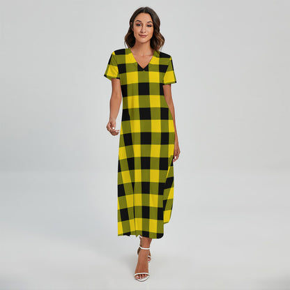 Yellow And Black Buffalo Check Print Short Sleeve Maxi Dress