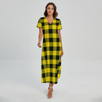 Yellow And Black Buffalo Check Print Short Sleeve Maxi Dress
