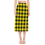 Yellow And Black Buffalo Check Print Side Slit Midi Skirt