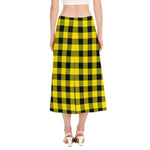 Yellow And Black Buffalo Check Print Side Slit Midi Skirt