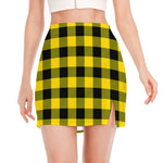 Yellow And Black Buffalo Check Print Side Slit Mini Skirt