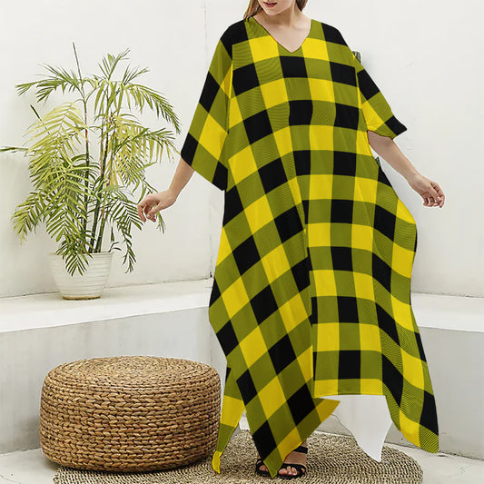 Yellow And Black Buffalo Check Print Silk V-Neck Kaftan Dress