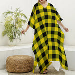 Yellow And Black Buffalo Check Print Silk V-Neck Kaftan Dress