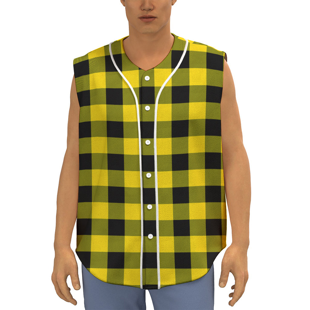 Yellow And Black Buffalo Check Print Sleeveless Baseball Jersey