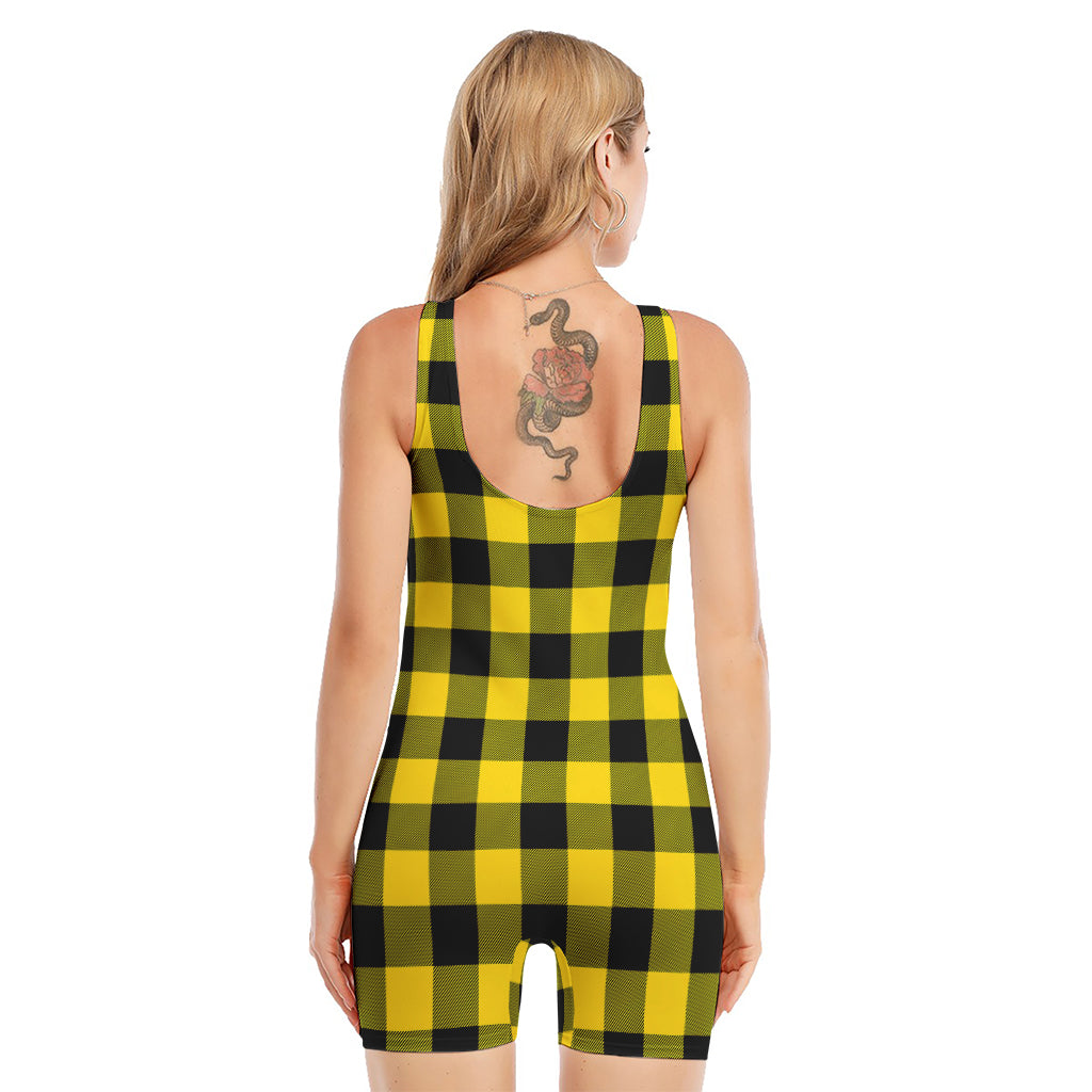 Yellow And Black Buffalo Check Print Sleeveless One Piece Swimsuit