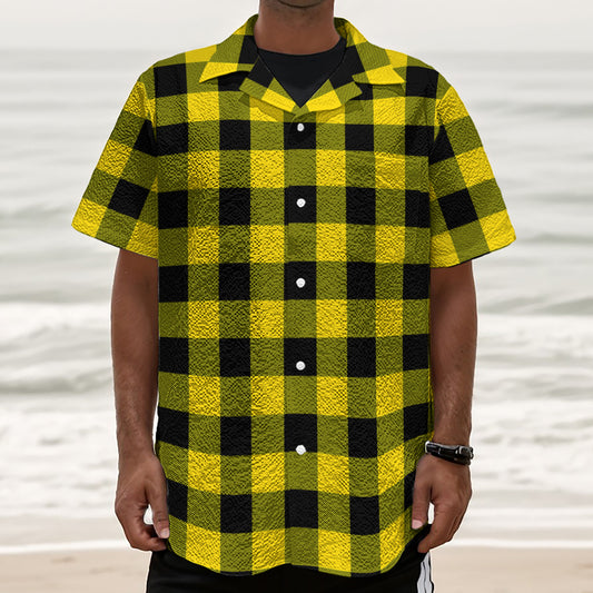 Yellow And Black Buffalo Check Print Textured Short Sleeve Shirt