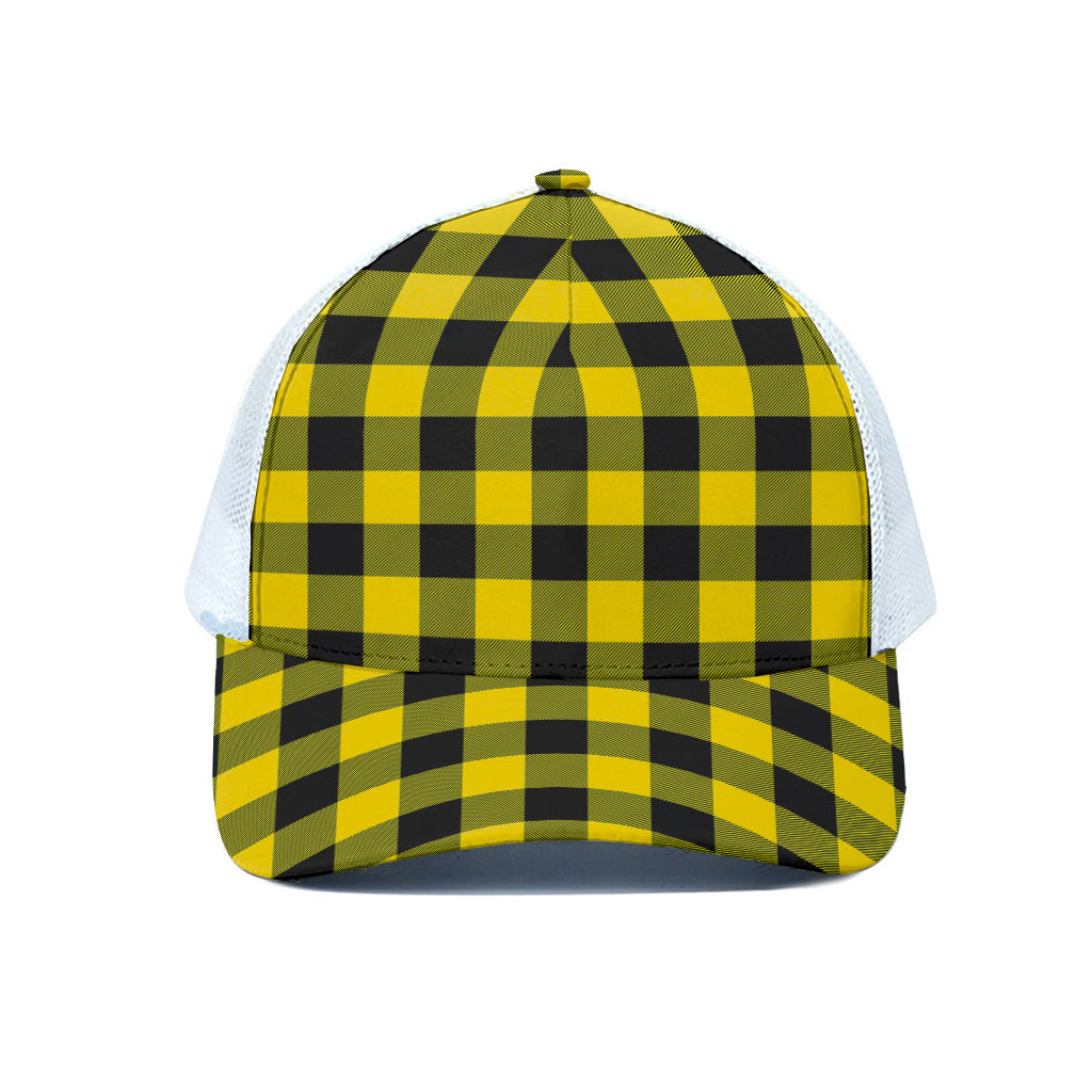 Yellow And Black Buffalo Check Print White Mesh Trucker Cap