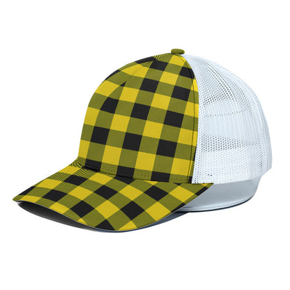 Yellow And Black Buffalo Check Print White Mesh Trucker Cap