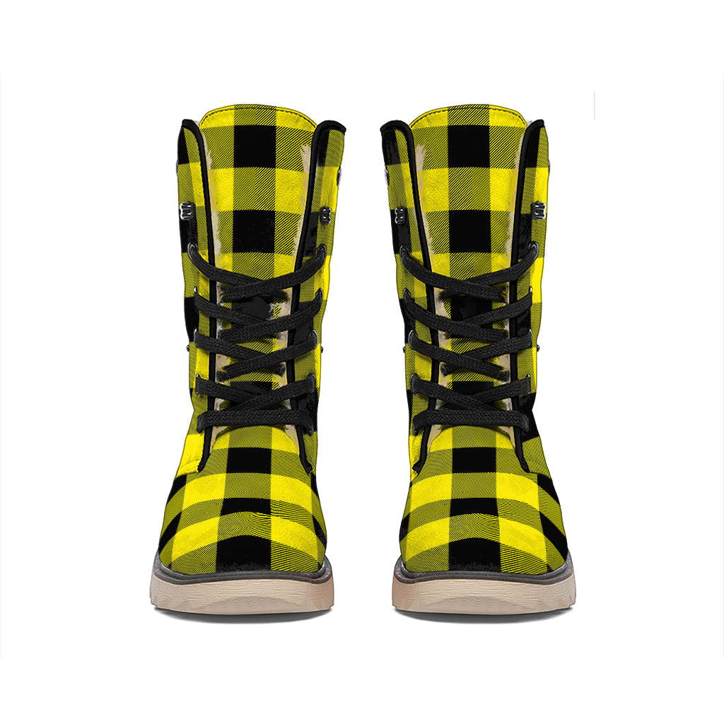 Yellow And Black Buffalo Check Print Winter Boots