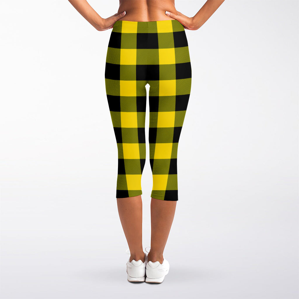 Yellow And Black Buffalo Check Print Women's Capri Leggings