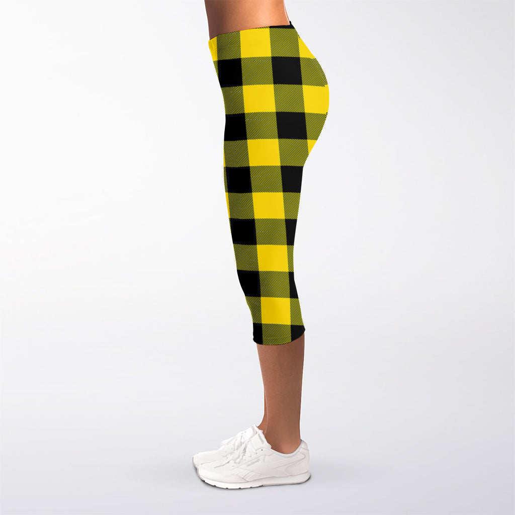 Yellow And Black Buffalo Check Print Women's Capri Leggings