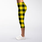 Yellow And Black Buffalo Check Print Women's Capri Leggings