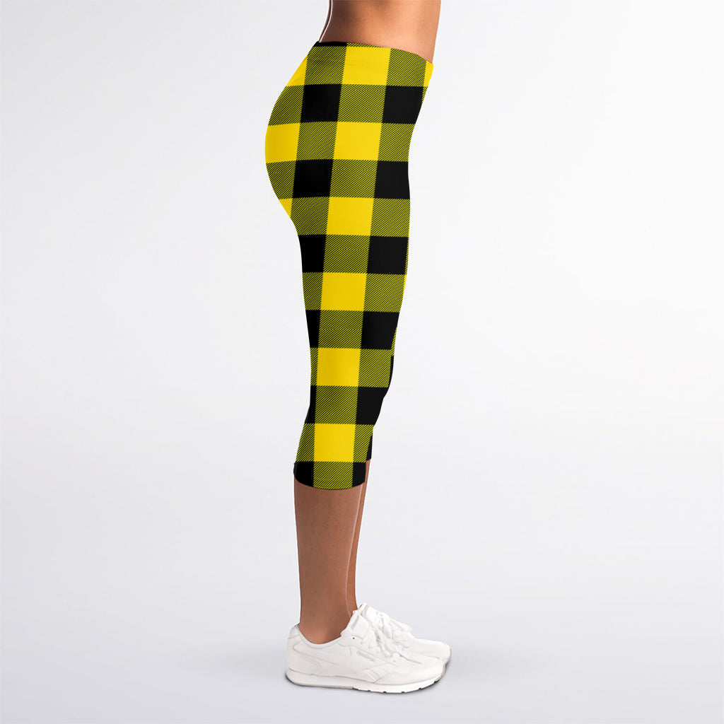 Yellow And Black Buffalo Check Print Women's Capri Leggings