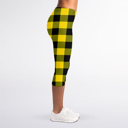 Yellow And Black Buffalo Check Print Women's Capri Leggings