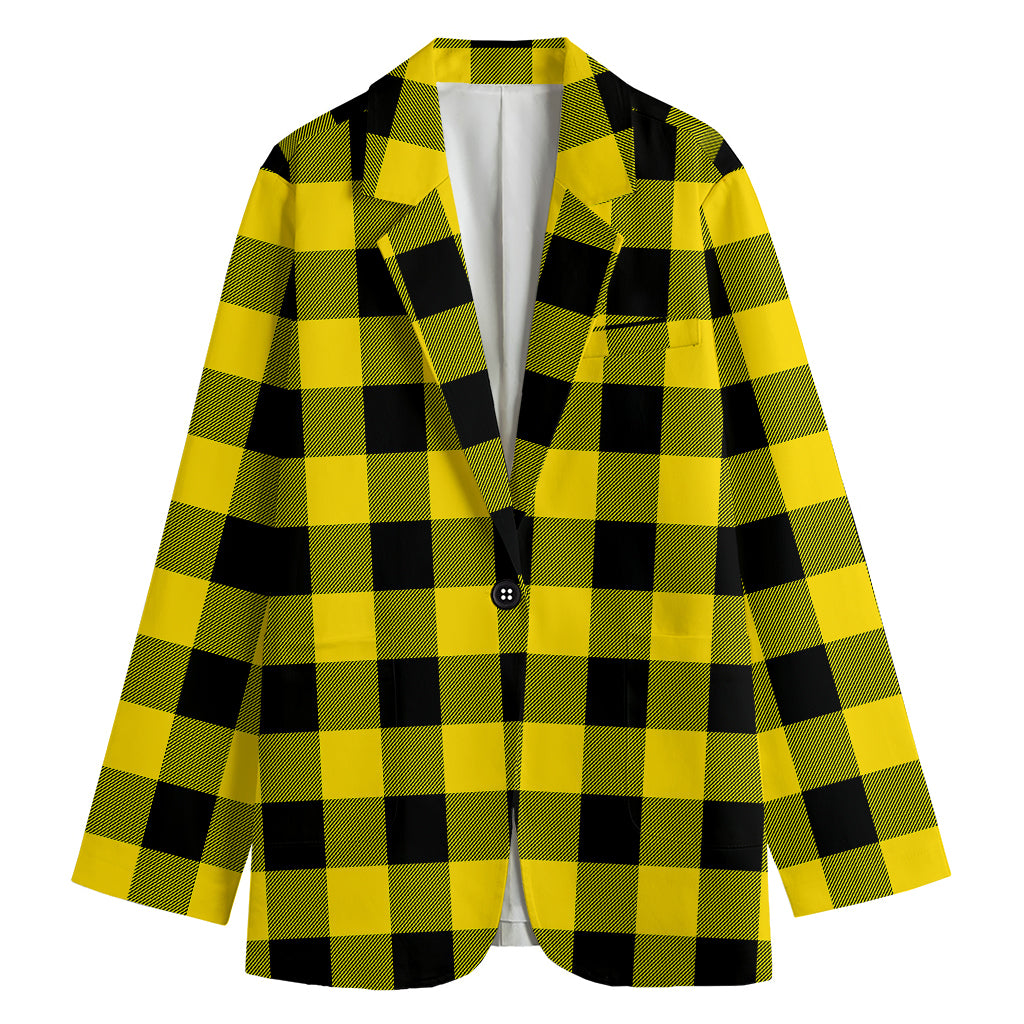 Yellow And Black Buffalo Check Print Women's Cotton Blazer