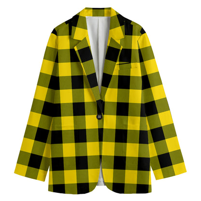 Yellow And Black Buffalo Check Print Women's Cotton Blazer