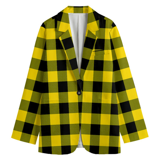 Yellow And Black Buffalo Check Print Women's Cotton Blazer