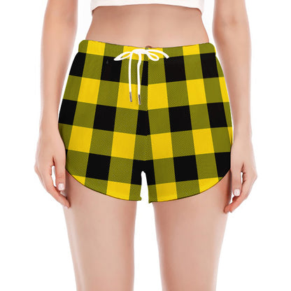 Yellow And Black Buffalo Check Print Women's Split Running Shorts