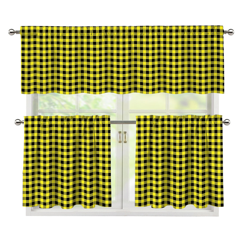 Yellow And Black Check Pattern Print 3 Piece Kitchen Curtains