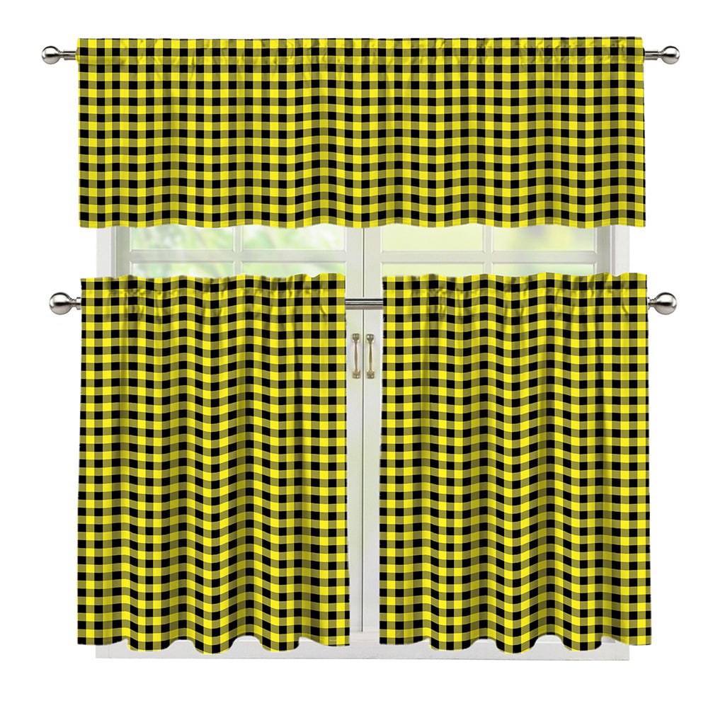 Yellow And Black Check Pattern Print 3 Piece Kitchen Curtains