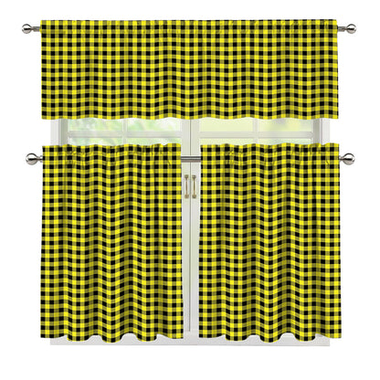 Yellow And Black Check Pattern Print 3 Piece Kitchen Curtains