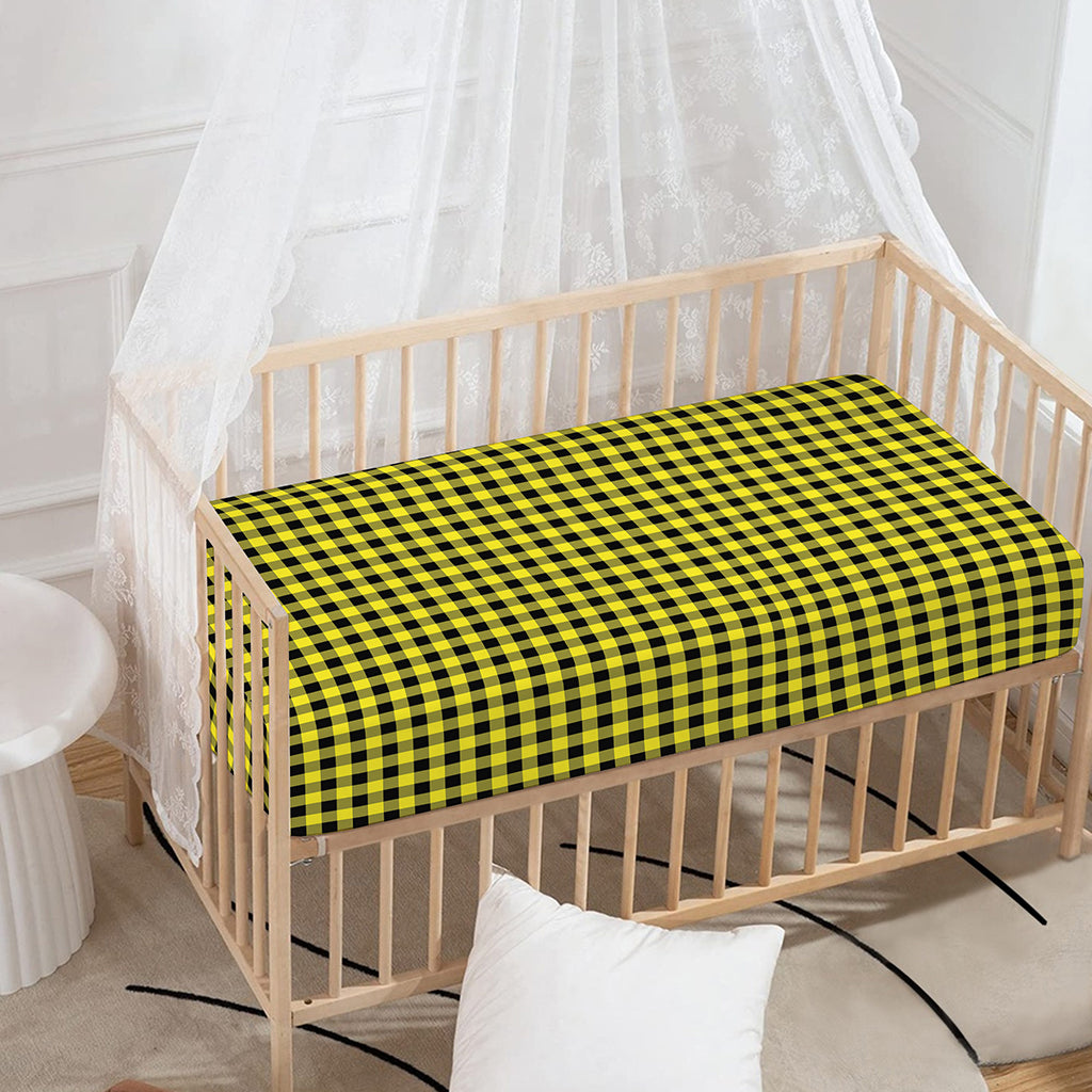 Yellow And Black Check Pattern Print Baby Crib Sheet