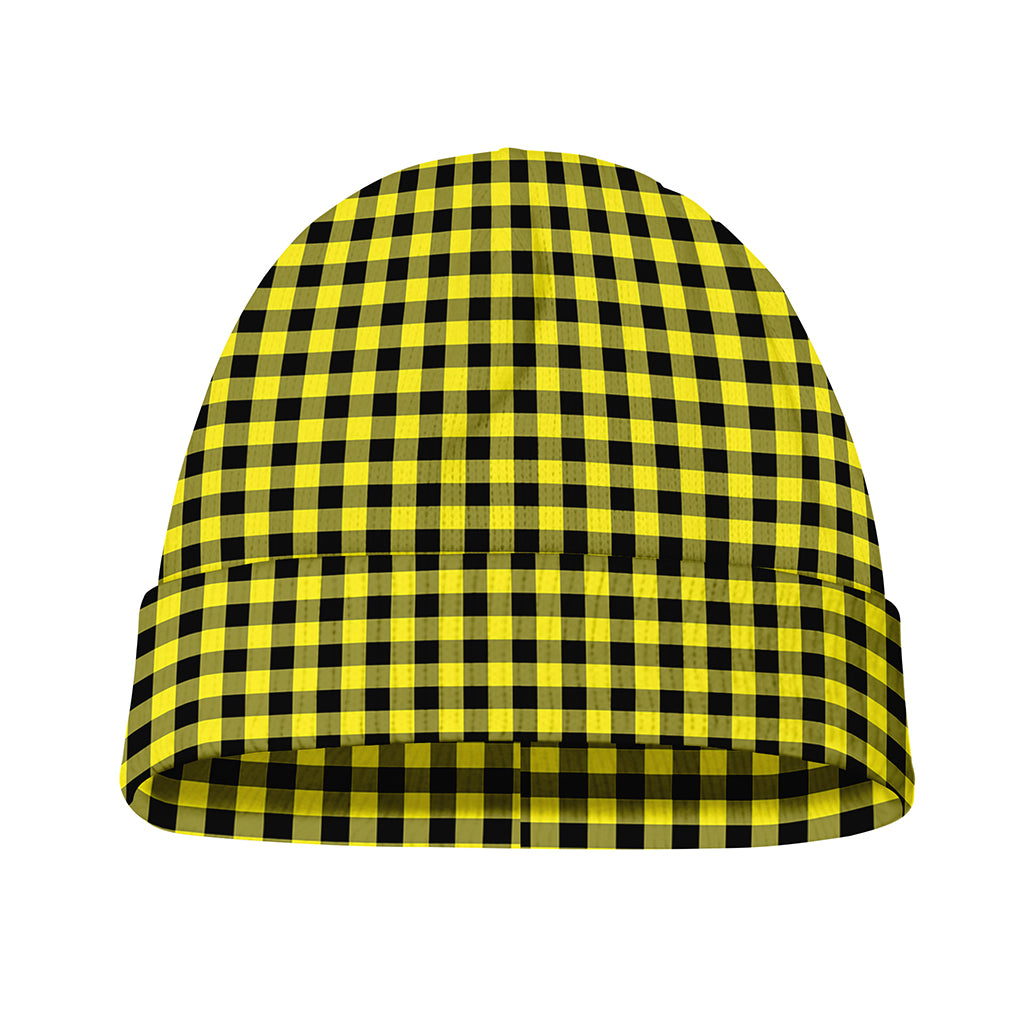 Yellow And Black Check Pattern Print Beanie