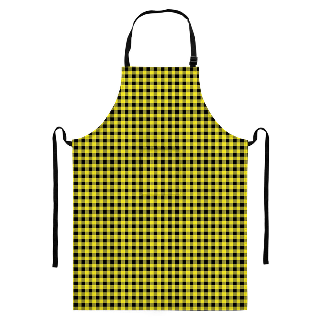 Yellow And Black Check Pattern Print Bib Apron With Pocket