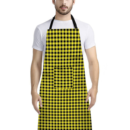 Yellow And Black Check Pattern Print Bib Apron With Pocket