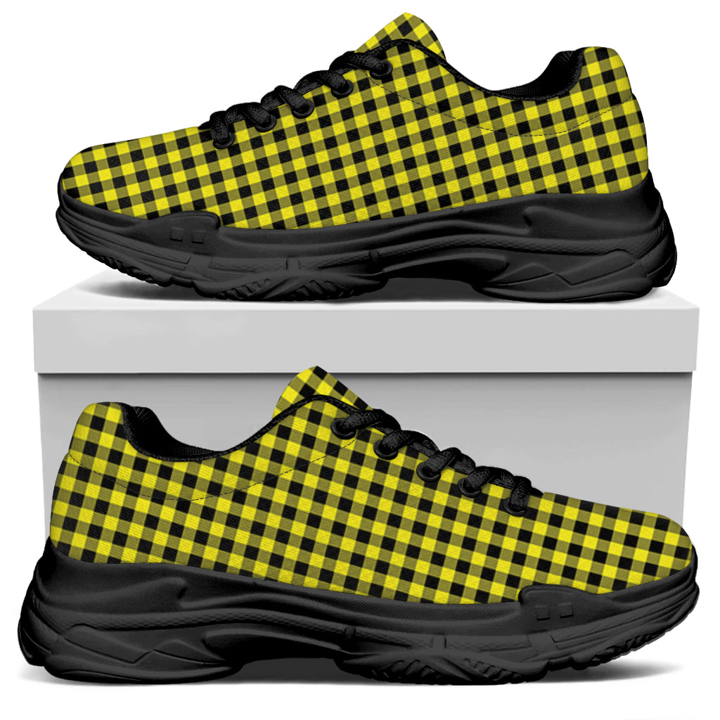 Yellow And Black Check Pattern Print Black Chunky Shoes