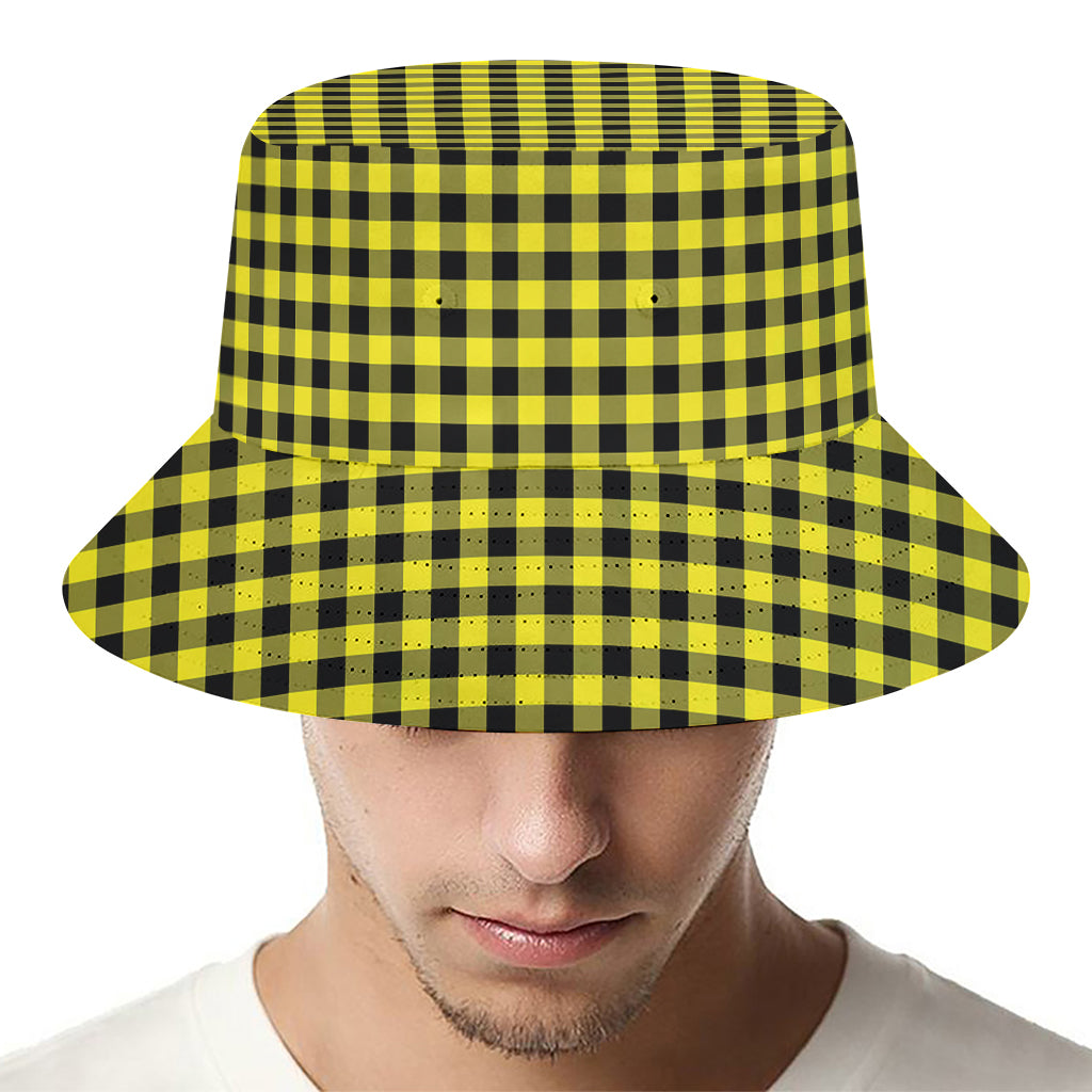 Yellow And Black Check Pattern Print Bucket Hat