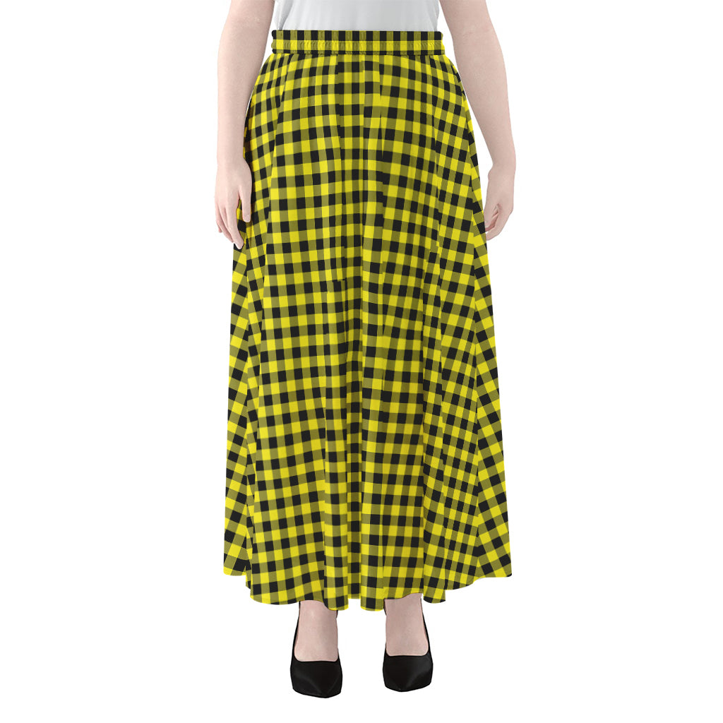 Yellow And Black Check Pattern Print Chiffon Maxi Skirt