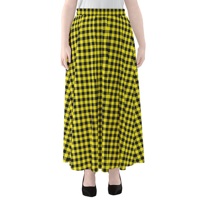 Yellow And Black Check Pattern Print Chiffon Maxi Skirt