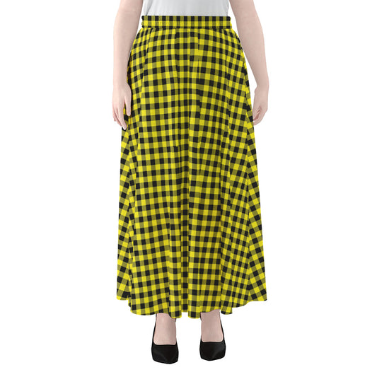 Yellow And Black Check Pattern Print Chiffon Maxi Skirt
