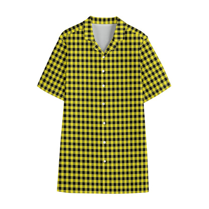 Yellow And Black Check Pattern Print Cotton Hawaiian Shirt