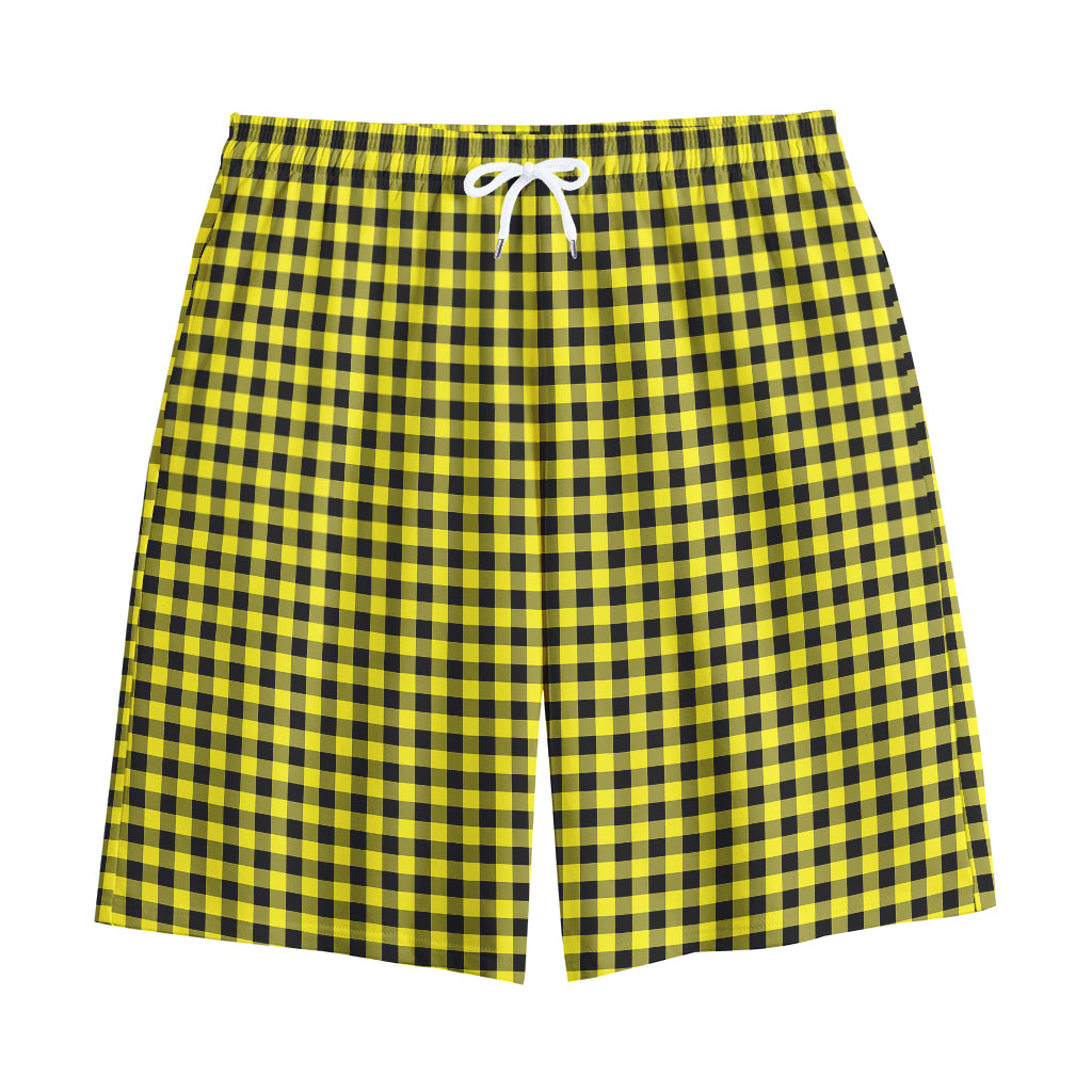 Yellow And Black Check Pattern Print Cotton Shorts