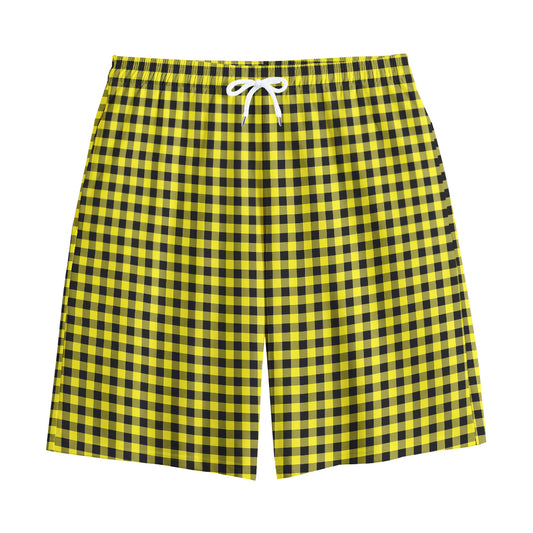 Yellow And Black Check Pattern Print Cotton Shorts
