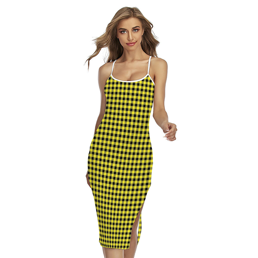 Yellow And Black Check Pattern Print Cross Back Cami Dress