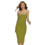 Yellow And Black Check Pattern Print Cross Back Cami Dress