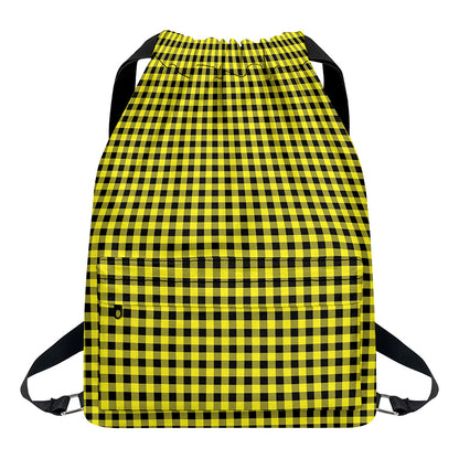 Yellow And Black Check Pattern Print Drawstring Backpack
