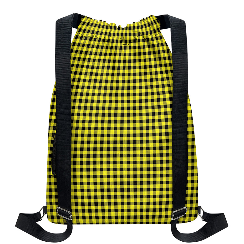 Yellow And Black Check Pattern Print Drawstring Backpack