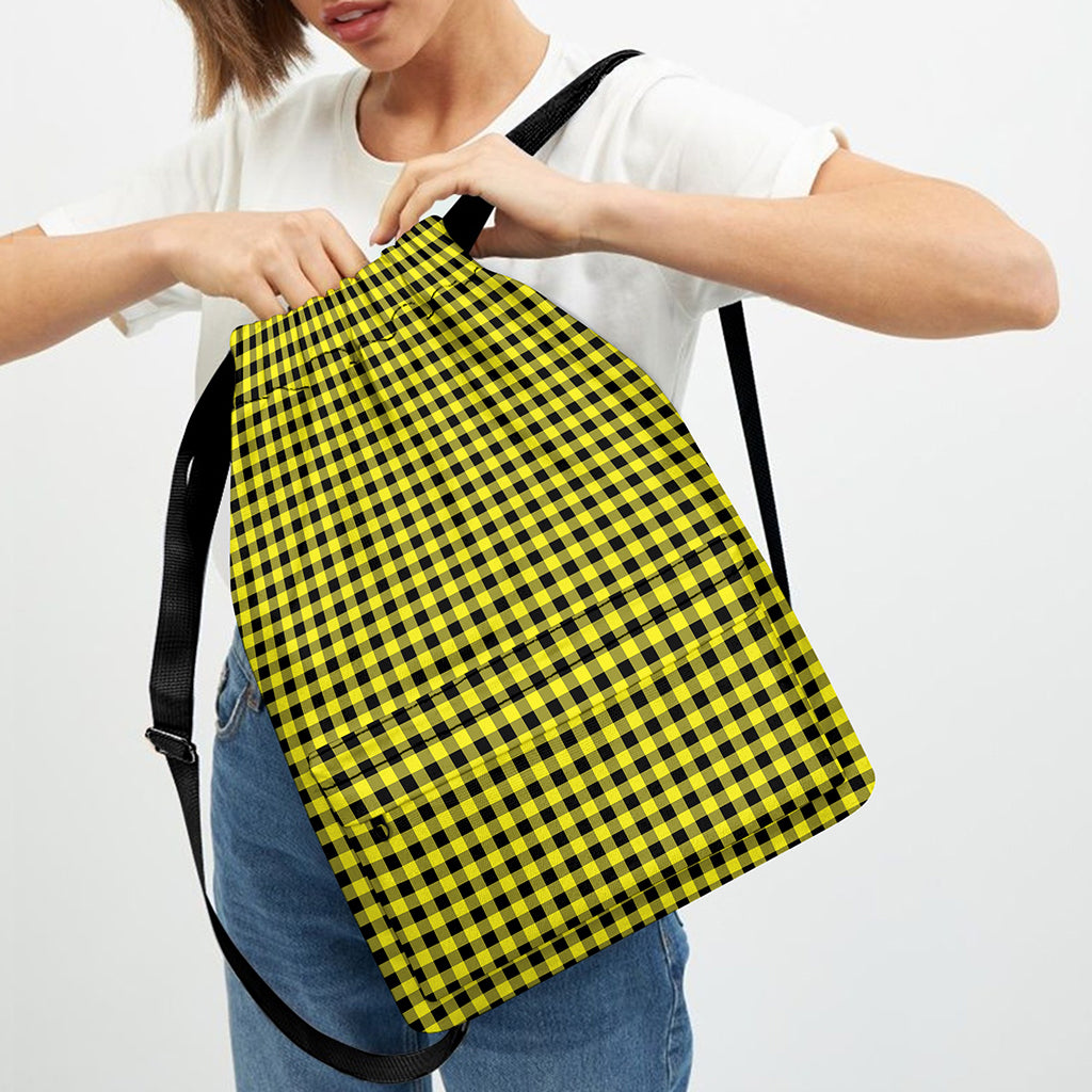 Yellow And Black Check Pattern Print Drawstring Backpack