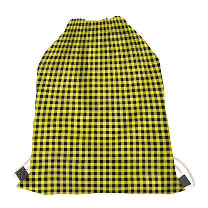 Yellow And Black Check Pattern Print Drawstring Bag