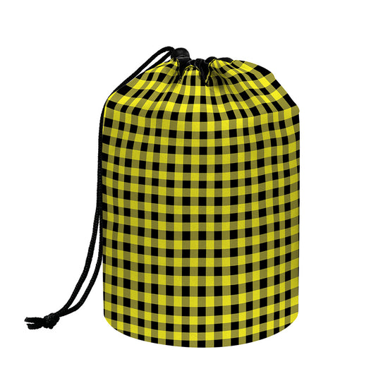 Yellow And Black Check Pattern Print Drawstring Makeup Bag