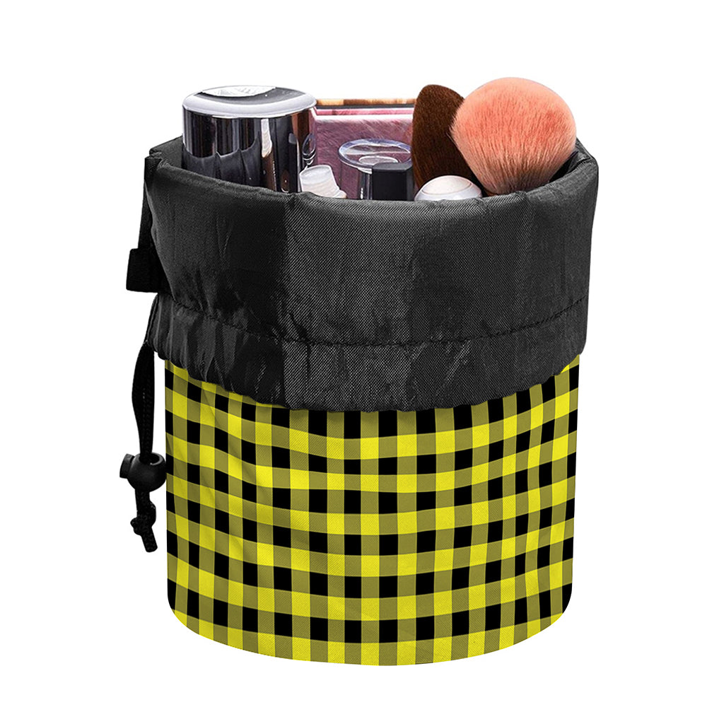 Yellow And Black Check Pattern Print Drawstring Makeup Bag