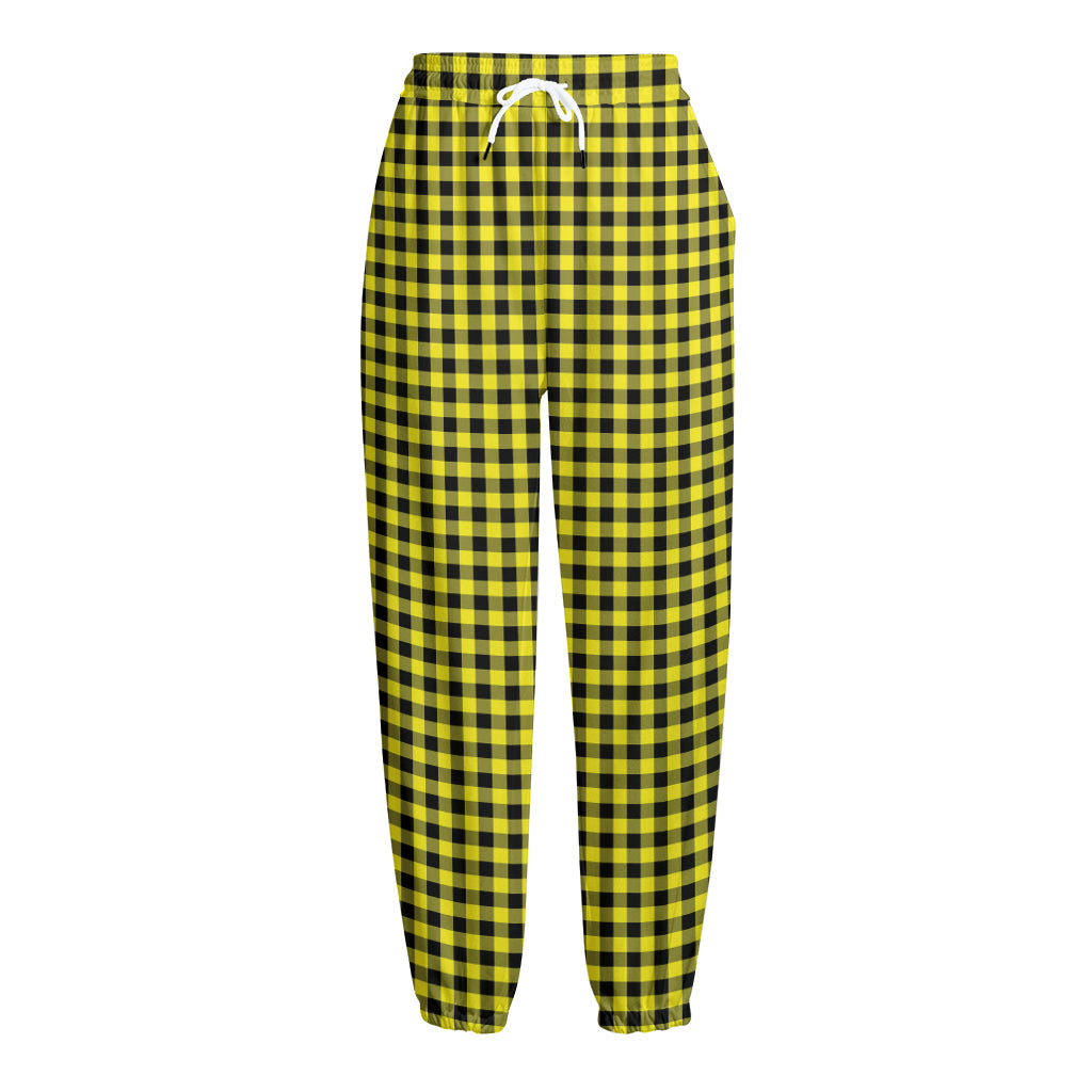 Yellow And Black Check Pattern Print Fleece Lined Knit Pants